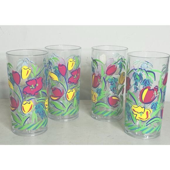 Other - Vintage Acrylic Flower Tumbler Cups Glasses 16 oz USA Set of 4 Therma-Serv